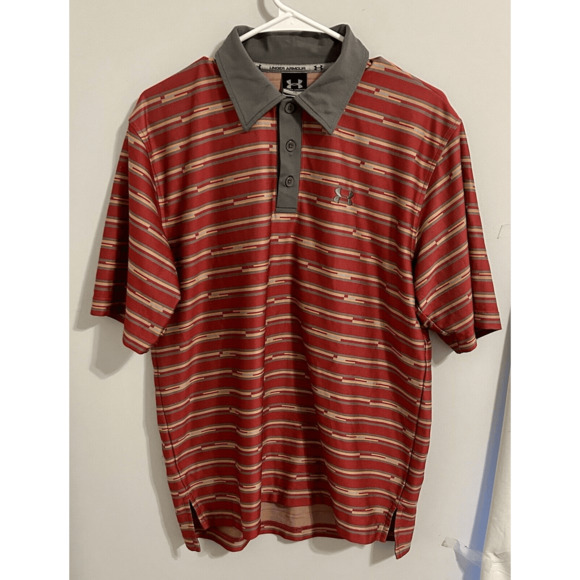 Vintage Late 90s Under Armour Golf Polo Red & Gray Stripped Sz Medium - Picture 1 of 9